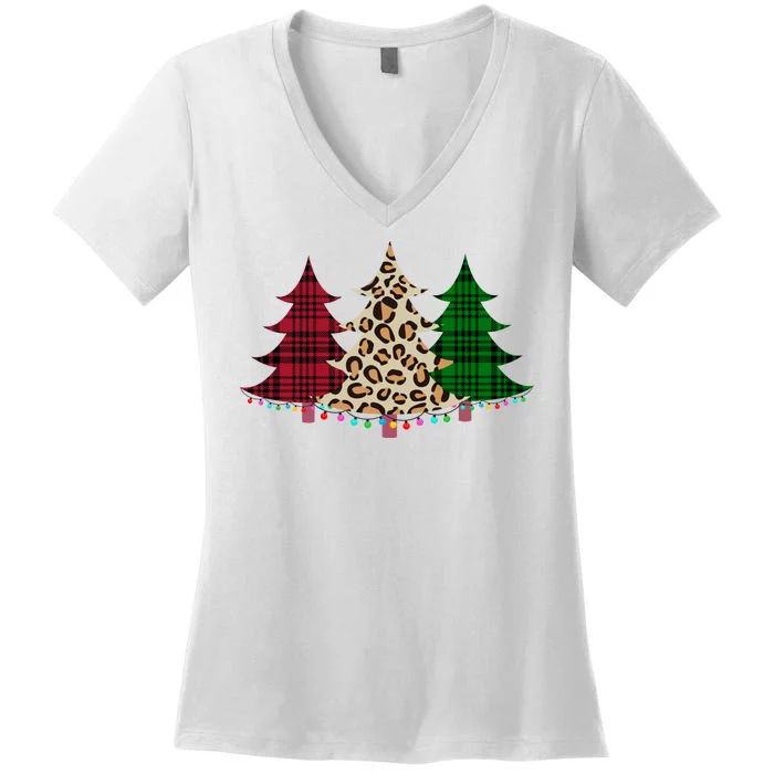 Christmas Tree Cheetah Plaid Women's V-Neck T-Shirt