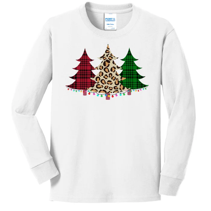 Christmas Tree Cheetah Plaid Kids Long Sleeve Shirt