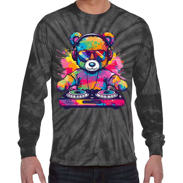 Cartoon Teddy Dj Tie-Dye Long Sleeve Shirt