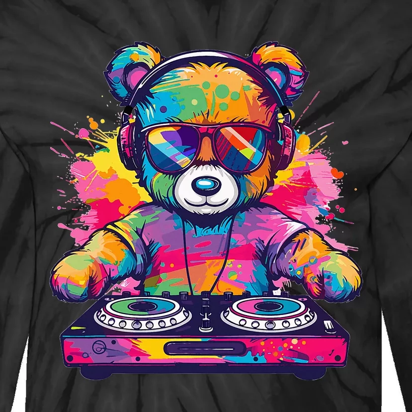 Cartoon Teddy Dj Tie-Dye Long Sleeve Shirt