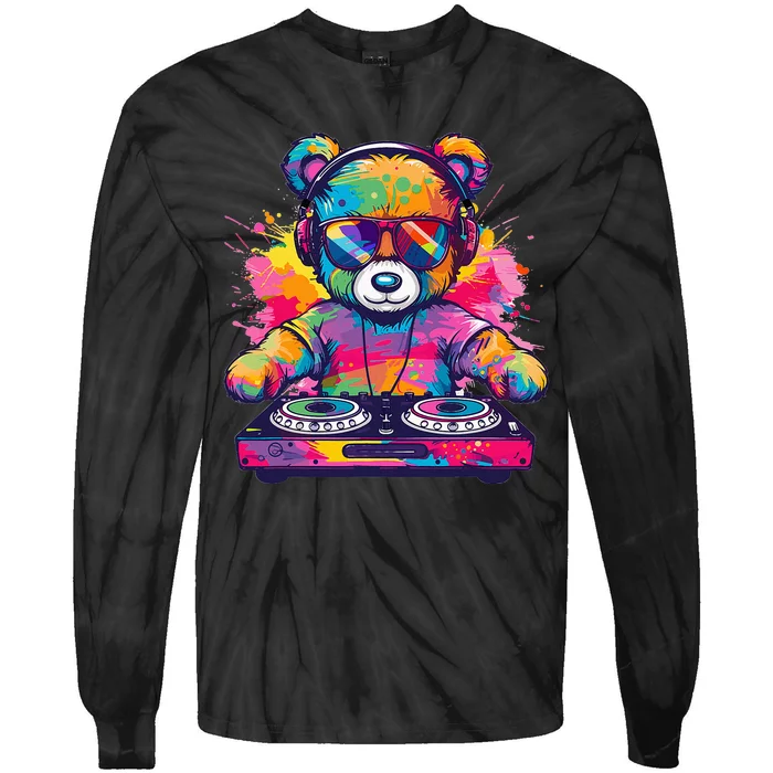 Cartoon Teddy Dj Tie-Dye Long Sleeve Shirt