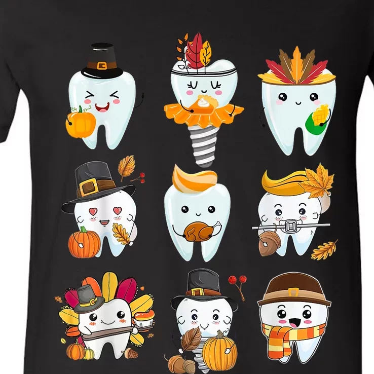 Cute Teeth Dental Squad Dental Assistant Thanksgiving V-Neck T-Shirt