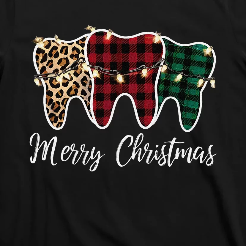 Christmas Tooth Dentist Dental Assistant Teeth Leopard Plaid T-Shirt