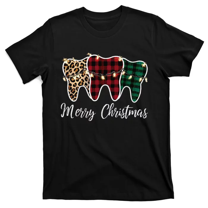 Christmas Tooth Dentist Dental Assistant Teeth Leopard Plaid T-Shirt