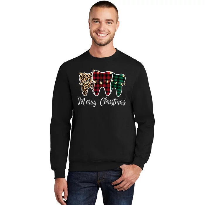 Christmas Tooth Dentist Dental Assistant Teeth Leopard Plaid Tall Sweatshirt