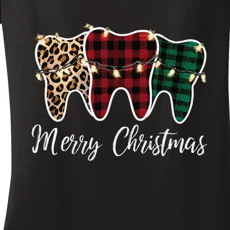 Christmas Tooth Dentist Dental Assistant Teeth Leopard Plaid Women's V-Neck T-Shirt