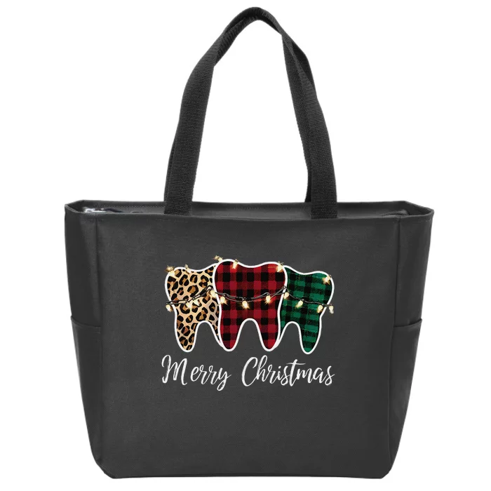 Christmas Tooth Dentist Dental Assistant Teeth Leopard Plaid Zip Tote Bag