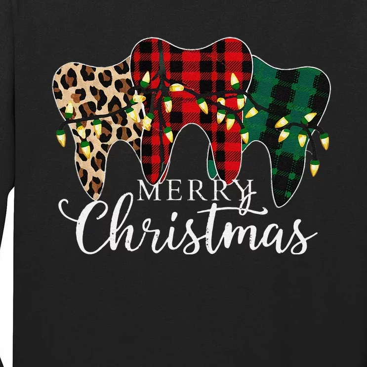 Christmas Tooth Dentist Dental Assistant Teeth Leopard Plaid Tall Long Sleeve T-Shirt