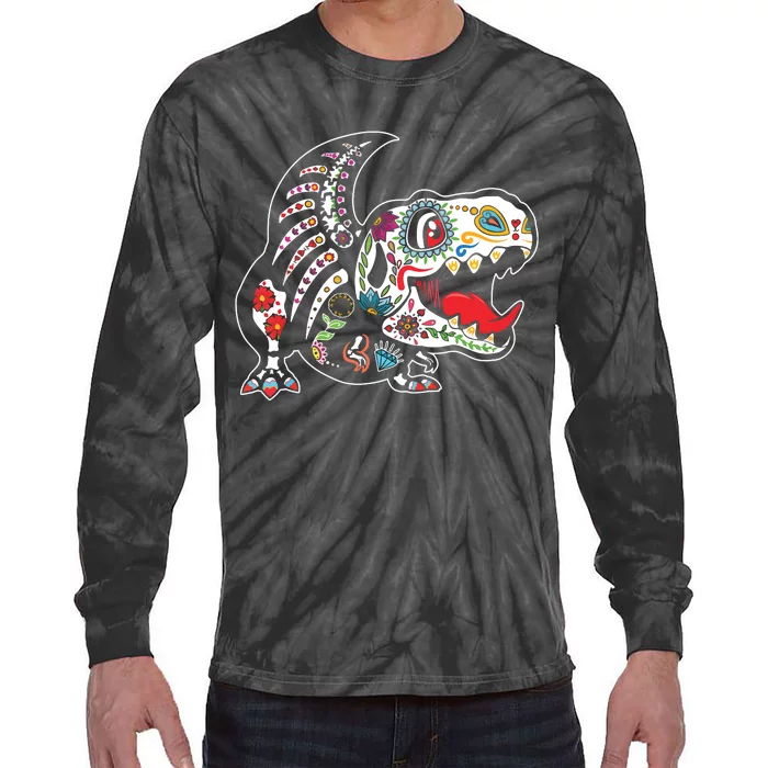 Calavera TRex Dia De Los Muertos Dinosaur Halloween Tie-Dye Long Sleeve Shirt