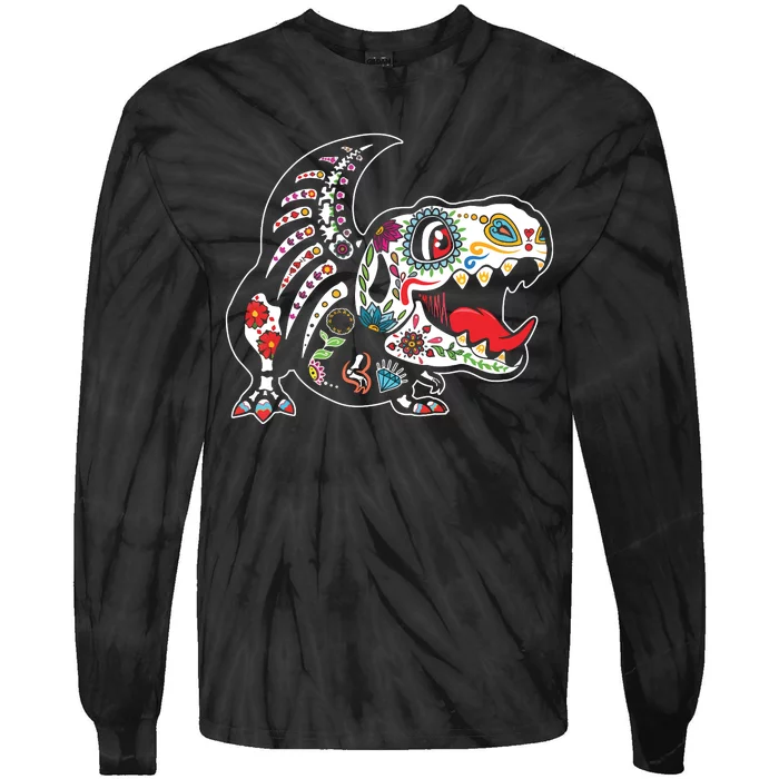 Calavera TRex Dia De Los Muertos Dinosaur Halloween Tie-Dye Long Sleeve Shirt