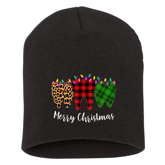 Christmas Tooth Dentist Dental Assistant Teeth Leopard Plaid Short Acrylic Beanie