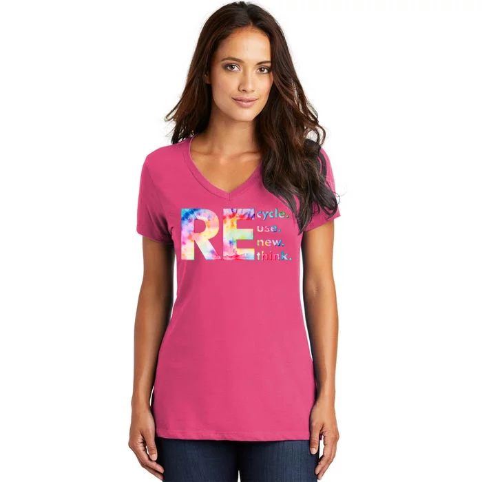 Colorful Tie Dye Recycle Reuse Renew Rethink Celebrate Earth Day Women's V-Neck T-Shirt