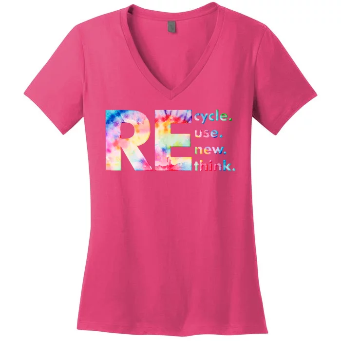 Colorful Tie Dye Recycle Reuse Renew Rethink Celebrate Earth Day Women's V-Neck T-Shirt