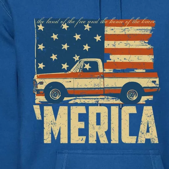 Classic Truck Funny Gift 'Merica American Flag With Pickup Truck Meaningful Gift Premium Hoodie