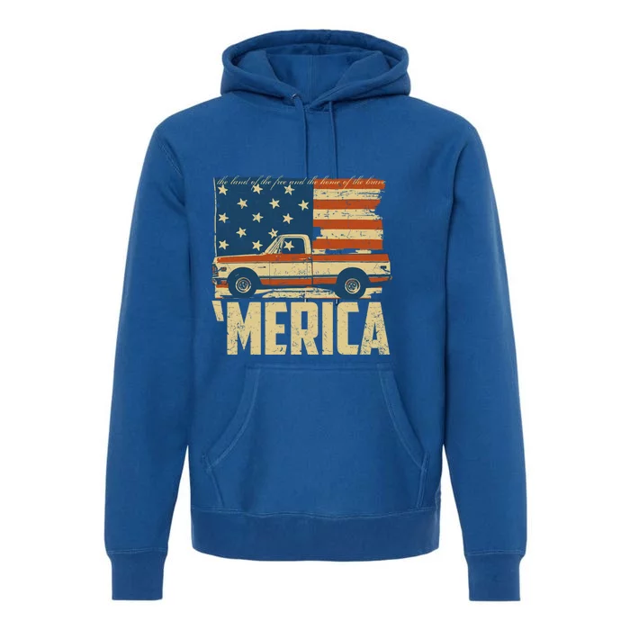 Classic Truck Funny Gift 'Merica American Flag With Pickup Truck Meaningful Gift Premium Hoodie