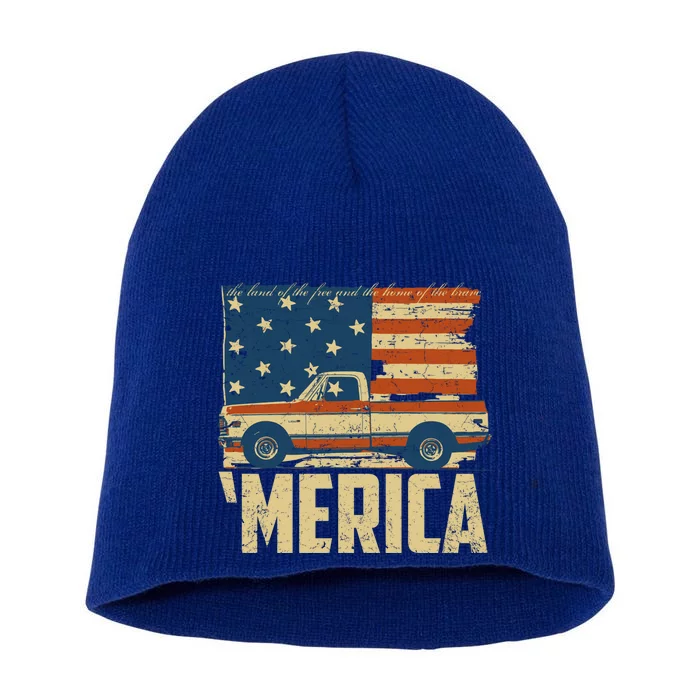 Classic Truck Funny Gift 'Merica American Flag With Pickup Truck Meaningful Gift Short Acrylic Beanie