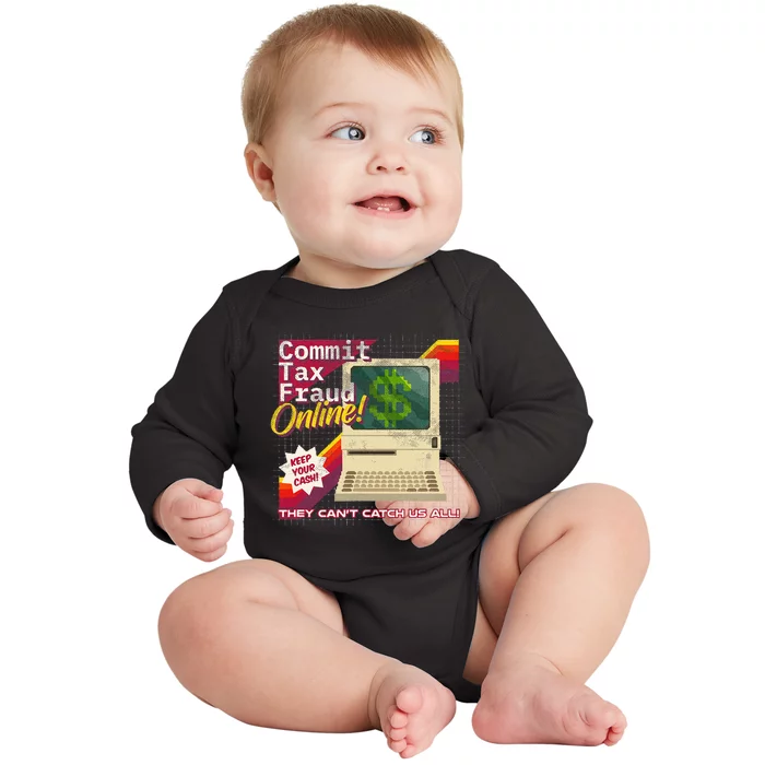 Commit Tax Fraud Online! Distressed Retro Video Game Box Art Baby Long Sleeve Bodysuit