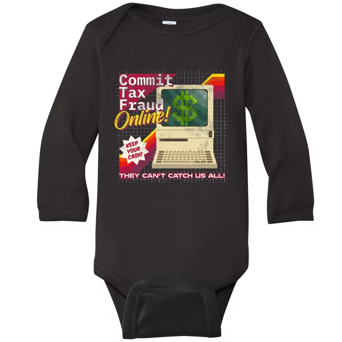 Commit Tax Fraud Online! Distressed Retro Video Game Box Art Baby Long Sleeve Bodysuit