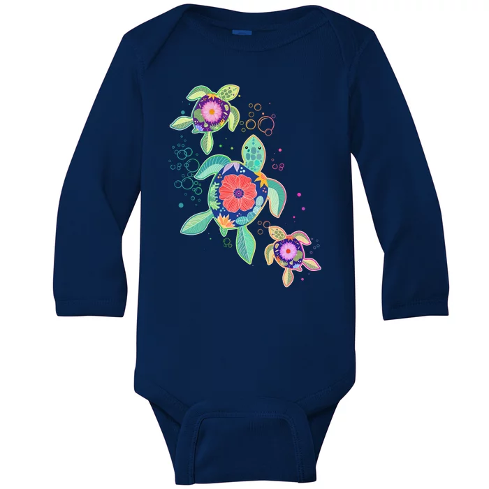 Cute Tropical Flower Ocean Sea Turtles Baby Long Sleeve Bodysuit