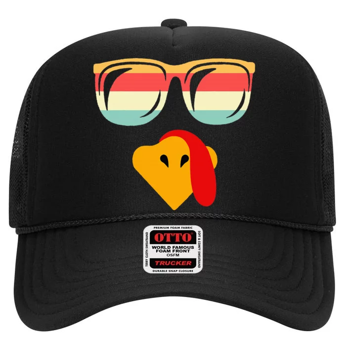 Cool Turkey Face With Sunglasses Thanksgiving High Crown Mesh Trucker Hat