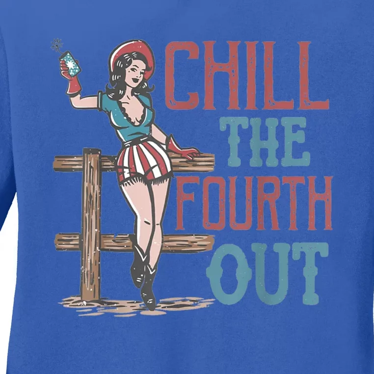 Chill The Fourth Out Retro Western Cow Happy 4Th Of July Gift Ladies Long Sleeve Shirt