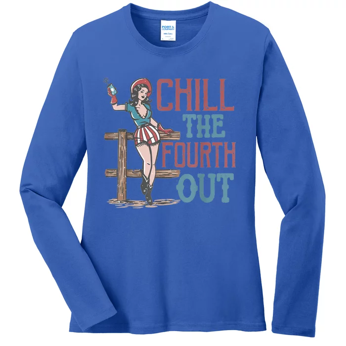 Chill The Fourth Out Retro Western Cow Happy 4Th Of July Gift Ladies Long Sleeve Shirt