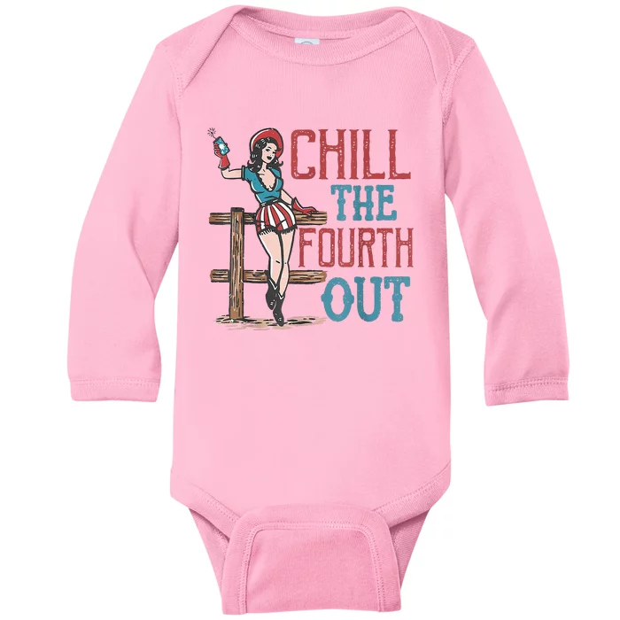 Chill The Fourth Out Retro Western Cowgirl 4th of July Baby Long Sleeve Bodysuit