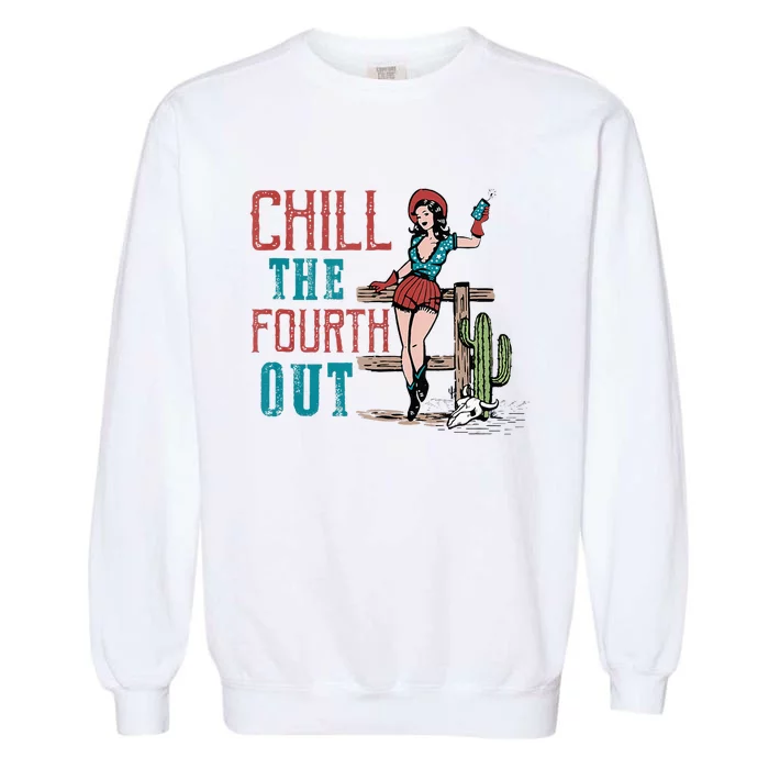 Chill The Fourth Out Retro Western Cow Happy 4th of July Garment-Dyed Sweatshirt