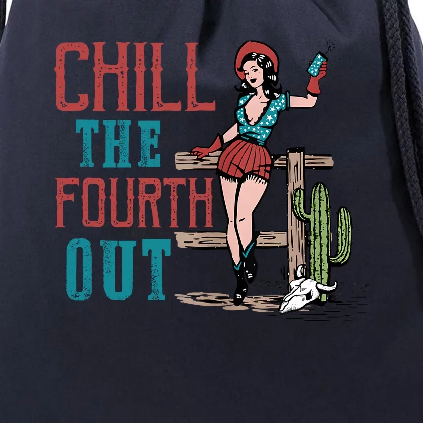 Chill The Fourth Out Retro Western Cowgirl Happy 4th Of July Drawstring Bag