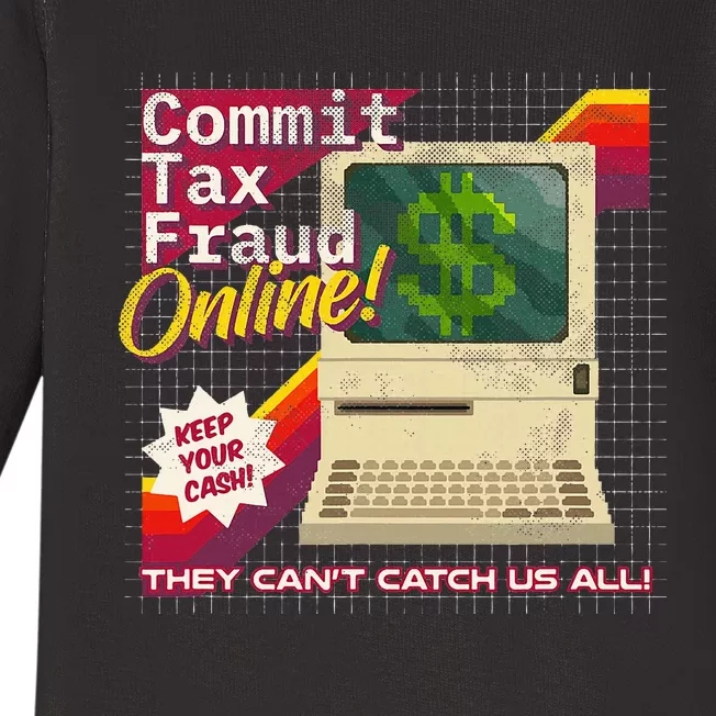 Commit Tax Fraud Online! Distressed Retro Video Game Box Art Baby Long Sleeve Bodysuit