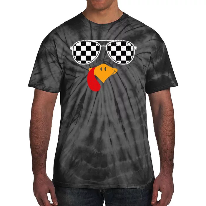 Checkered Turkey Funny Retro Thanksgiving Race Car Flag Tie-Dye T-Shirt