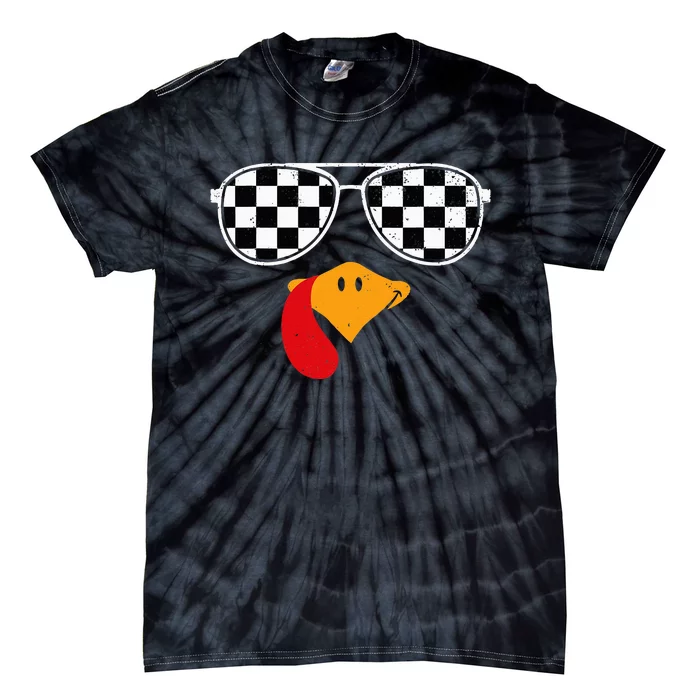 Checkered Turkey Funny Retro Thanksgiving Race Car Flag Tie-Dye T-Shirt