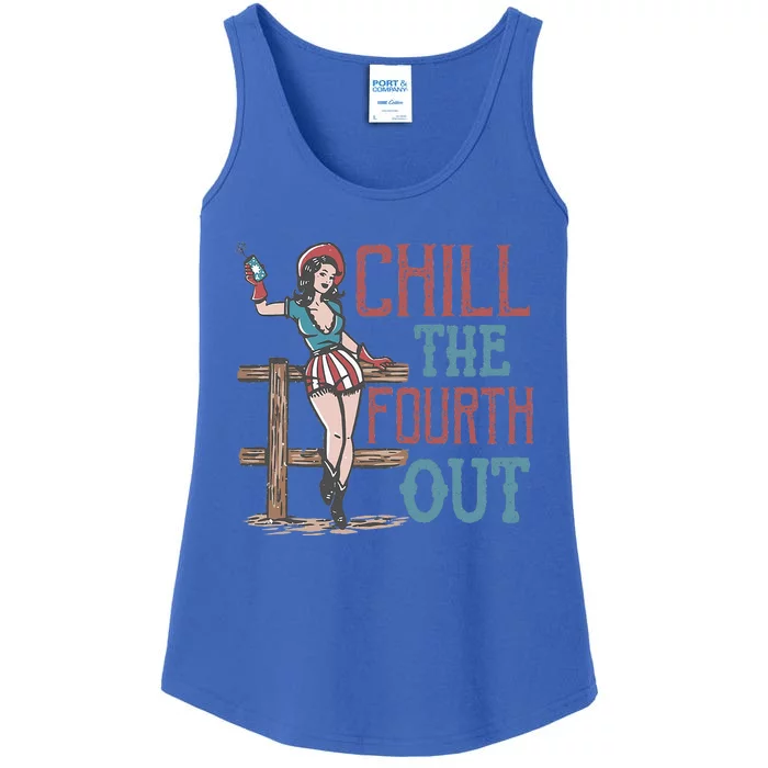 Chill The Fourth Out Retro Western Cowgirl Happy 4th Of July Ladies Essential Tank