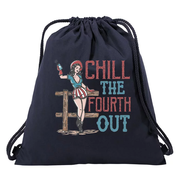 Chill The Fourth Out Retro Western Cowgirl Happy 4th Of July Drawstring Bag