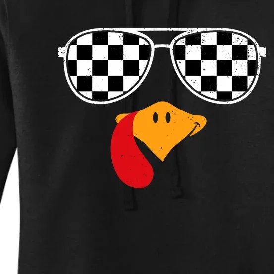 Checkered Turkey Funny Retro Thanksgiving Race Car Flag Women's Pullover Hoodie