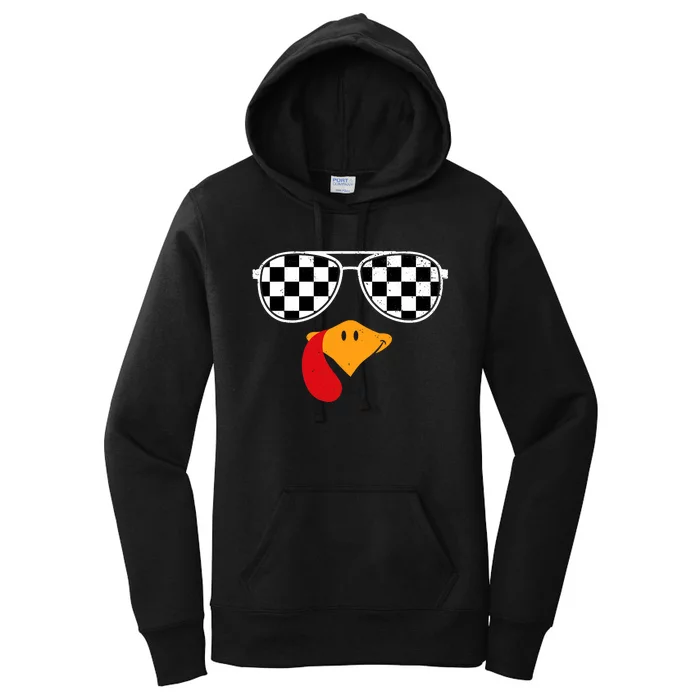 Checkered Turkey Funny Retro Thanksgiving Race Car Flag Women's Pullover Hoodie