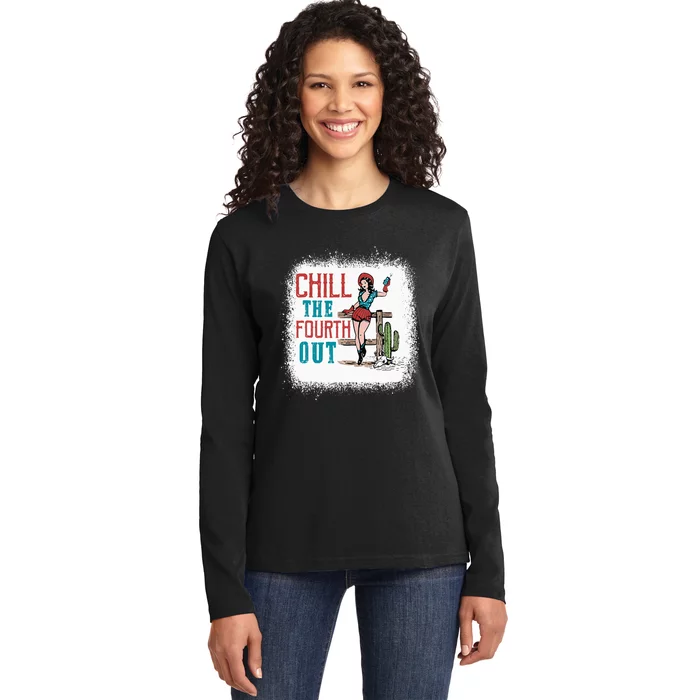 Chill The Fourth Out Retro Western Cowgirl Happy 4th Of July Ladies Long Sleeve Shirt