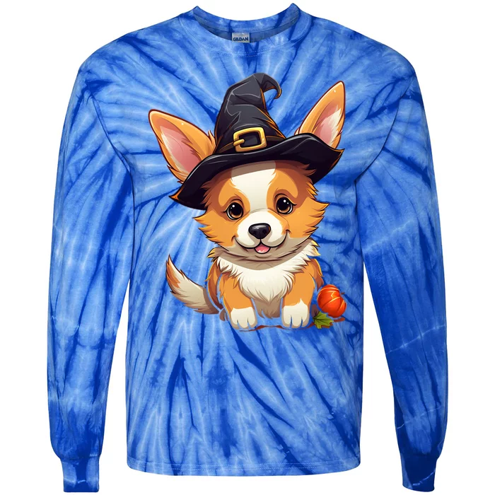 Cute Thanksgiving Fall Witches Hat Pilgrim Halloween Corgi Gift Tie-Dye Long Sleeve Shirt