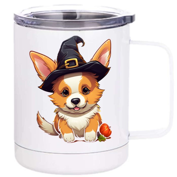 Cute Thanksgiving Fall Witches Hat Pilgrim Halloween Corgi Gift Front & Back 12oz Stainless Steel Tumbler Cup