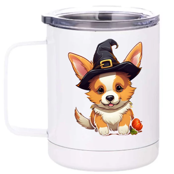 Cute Thanksgiving Fall Witches Hat Pilgrim Halloween Corgi Gift Front & Back 12oz Stainless Steel Tumbler Cup