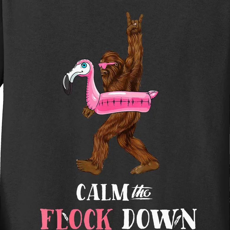 Calm The Flock Down Funny Pool Party Bigfoot Flamingo Kids Long Sleeve Shirt