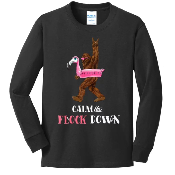 Calm The Flock Down Funny Pool Party Bigfoot Flamingo Kids Long Sleeve Shirt