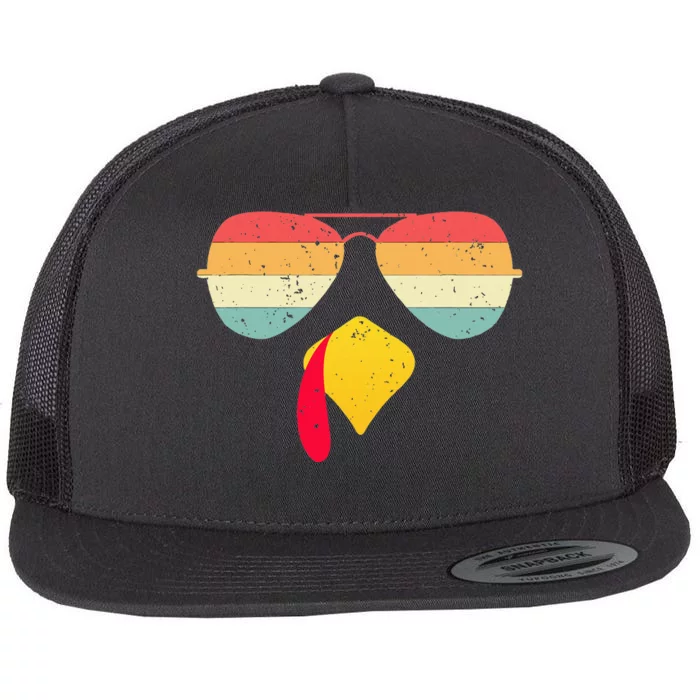 Cool Turkey Face With Sunglasses Funny Thanksgiving Flat Bill Trucker Hat