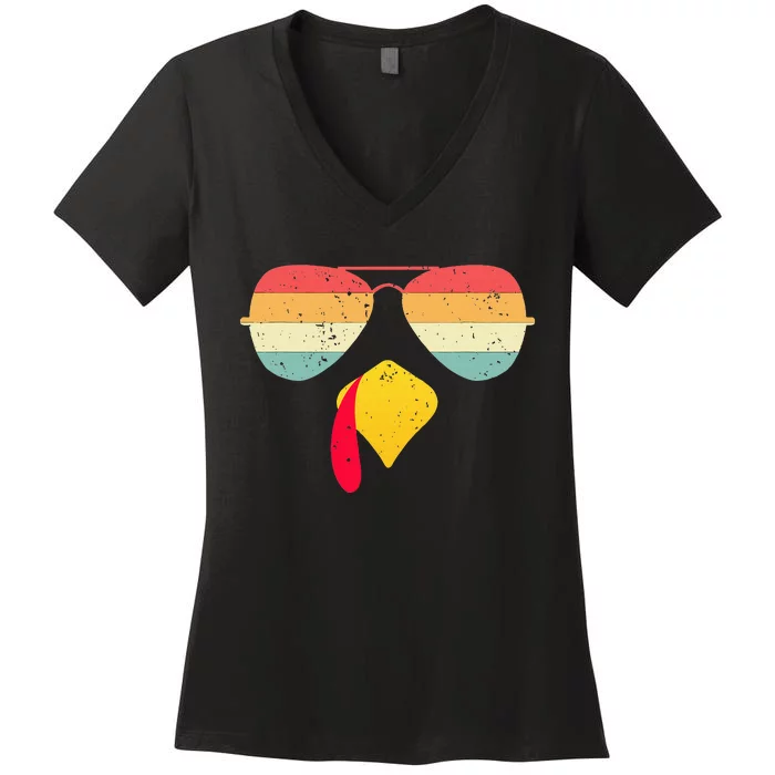 Cool Turkey Face With Sunglasses Funny Thanksgiving Women's V-Neck T-Shirt