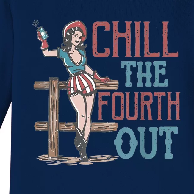 Chill The Fourth Out Retro Western Cow Happy 4Th Of July Gift Baby Long Sleeve Bodysuit