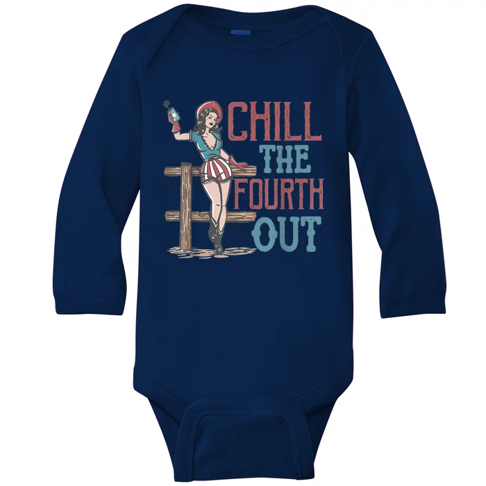 Chill The Fourth Out Retro Western Cow Happy 4Th Of July Gift Baby Long Sleeve Bodysuit