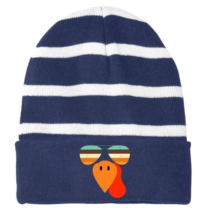 Cool Turkey Gobble Face Shades Funny Thanksgiving Striped Beanie with Solid Band