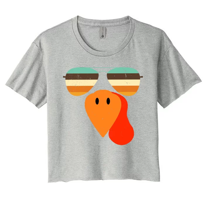 Cool Turkey Gobble Face Shades Funny Thanksgiving Women's Crop Top Tee