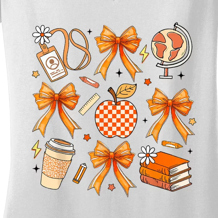 Coquette Teacher Game Day Fall Autumn Book Coffee Women's V-Neck T-Shirt