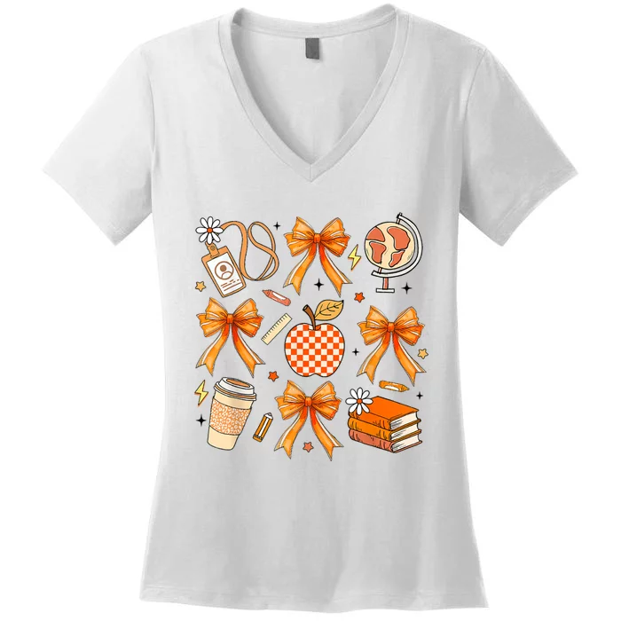 Coquette Teacher Game Day Fall Autumn Book Coffee Women's V-Neck T-Shirt